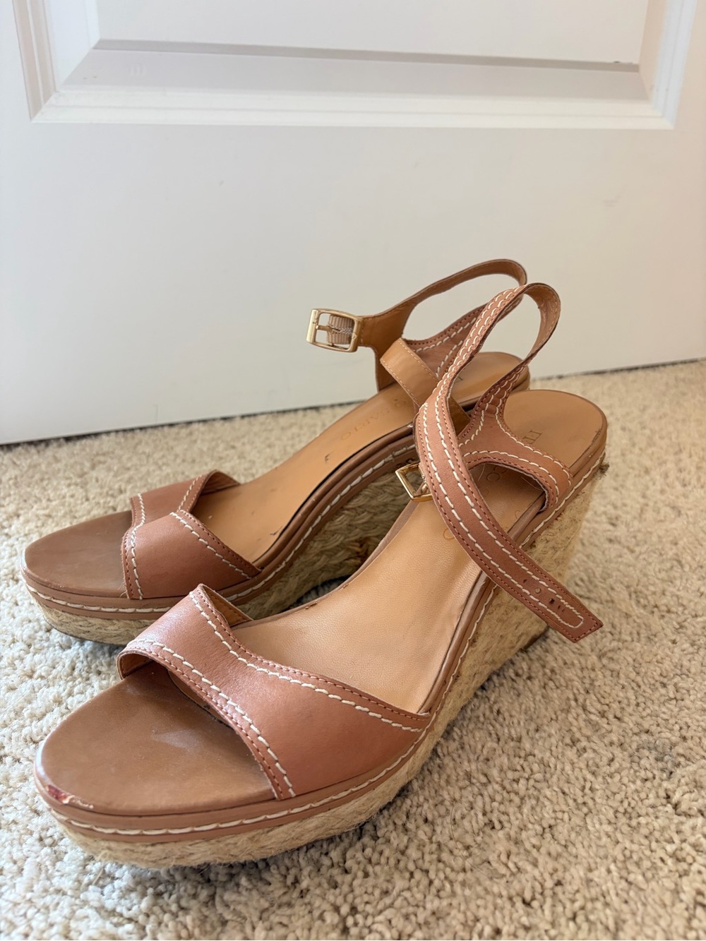 Franco Sarto Tan Leather Espadrille Wedge Sandals